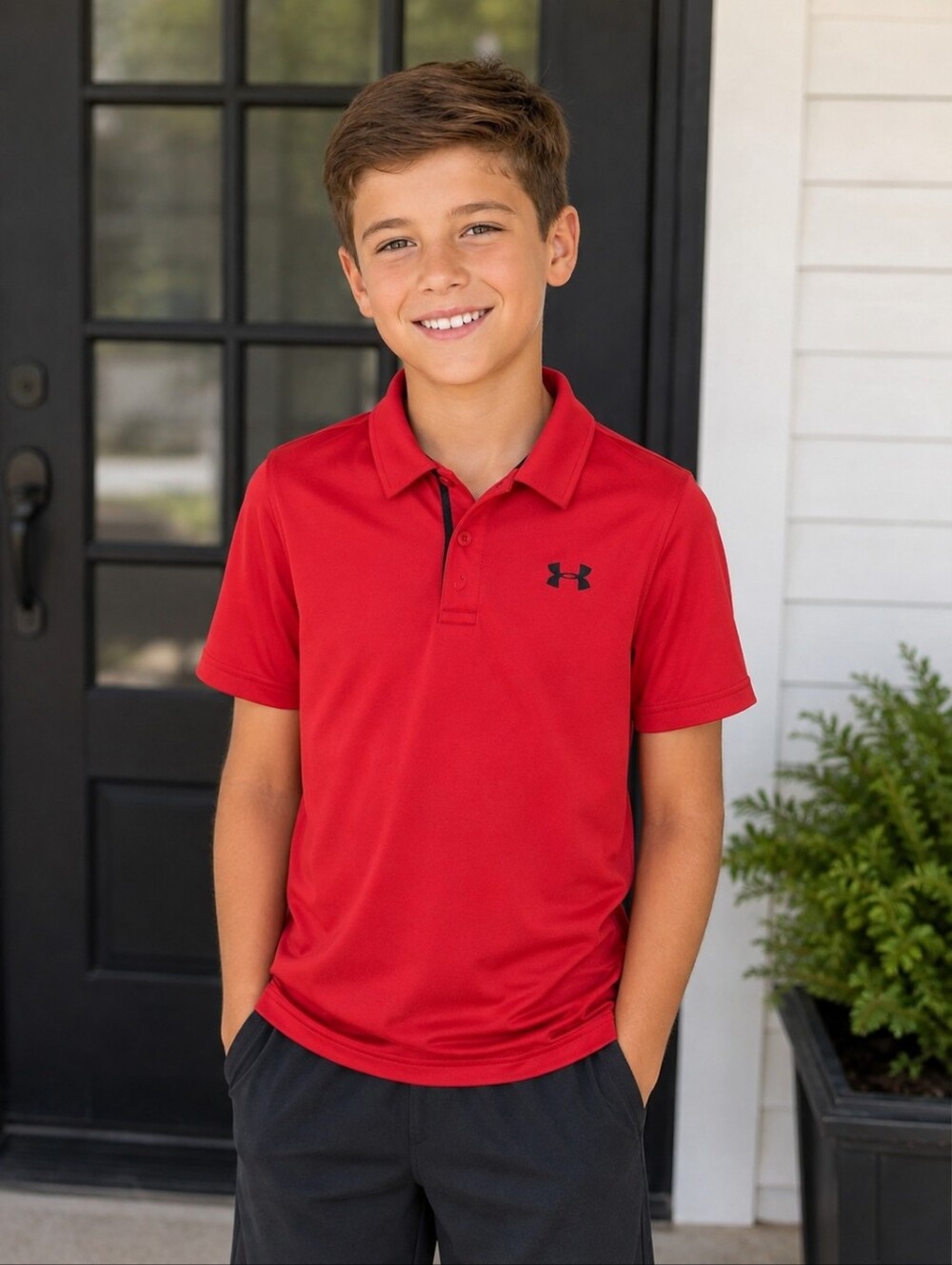 Under Armour Red Boys Polo with Black Logo